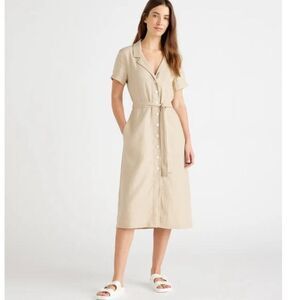 Quince European Linen Button Front Beige Short Sleeve Midi Shirt Dress Size L